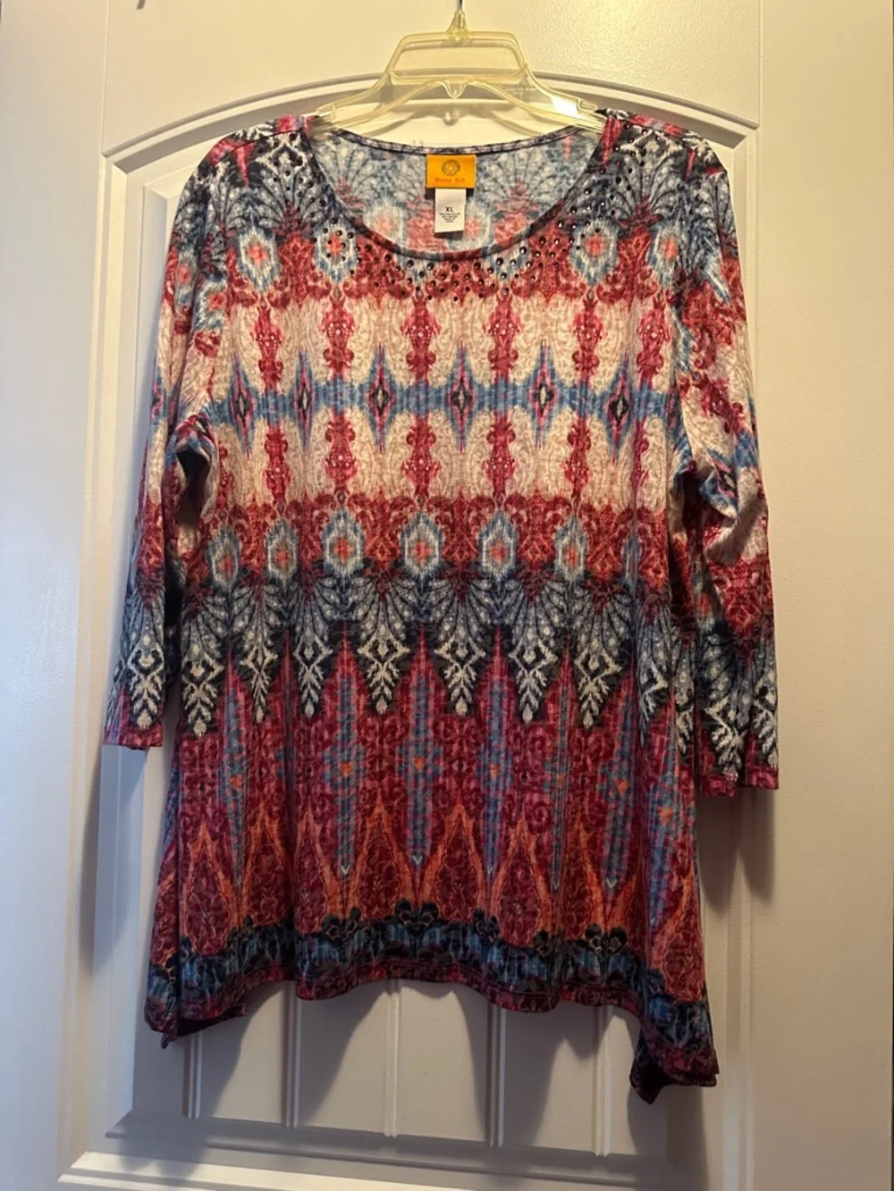 Ruby Rd. Red, Blue & Cream Beaded Ikat-Style Top - Picture 1 of 3